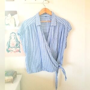 Old Navy Blue & White Cotton Striped Wrap Top